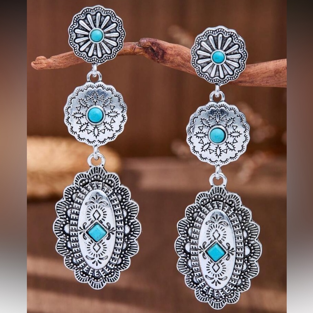 Western Turquoise Concho Dangle Earrings Antique Silver Boho Statement